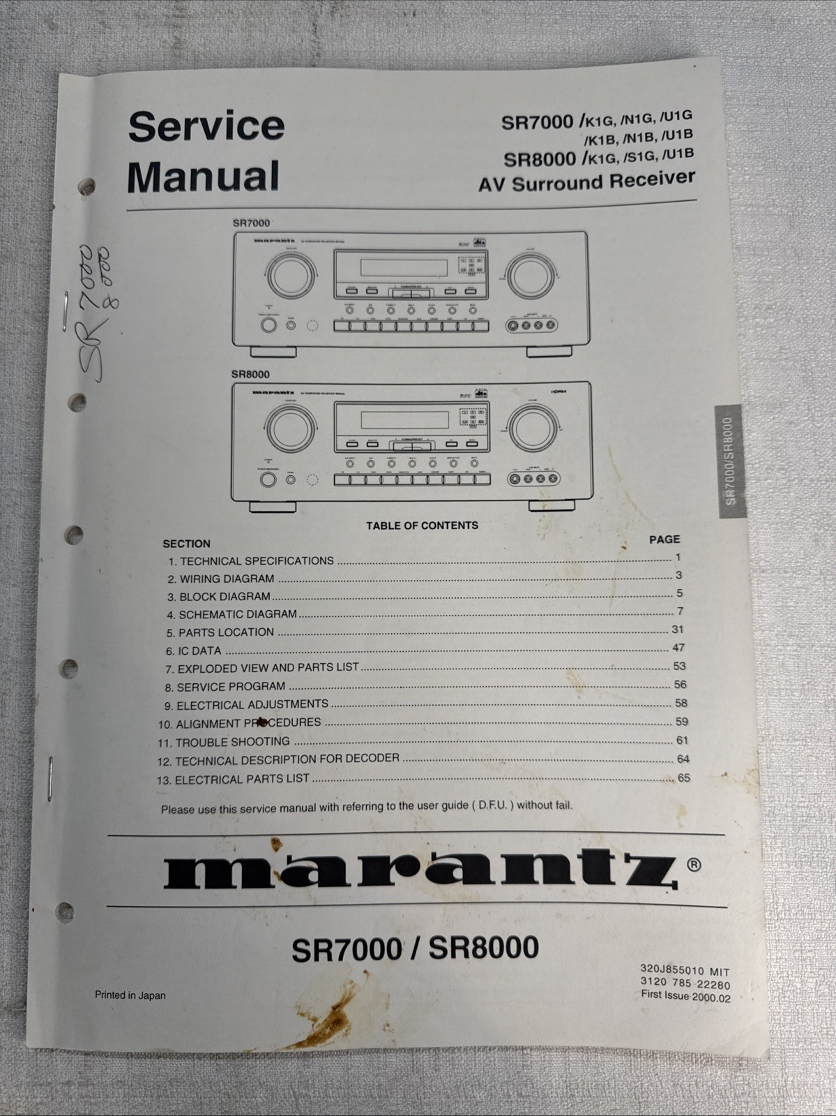 Vintage Marantz Service Manual Model Number SR7000 SR8000