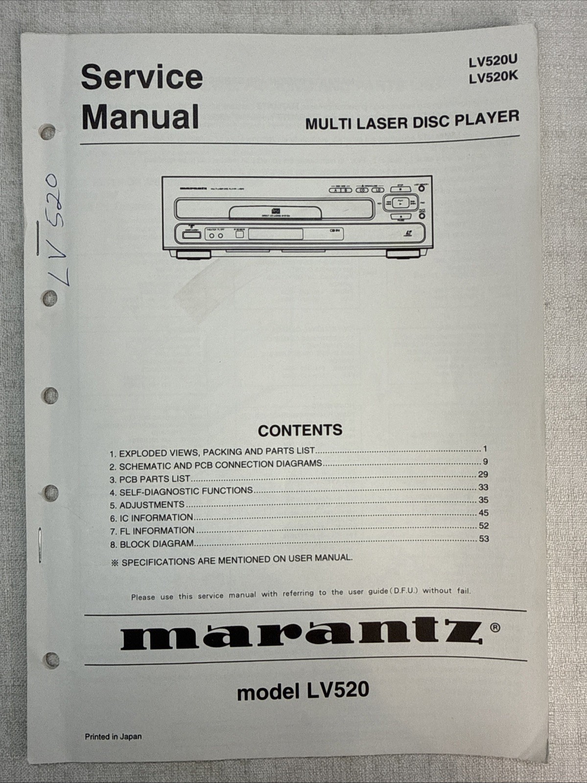 Vintage Marantz Service Manual Model Number LV520
