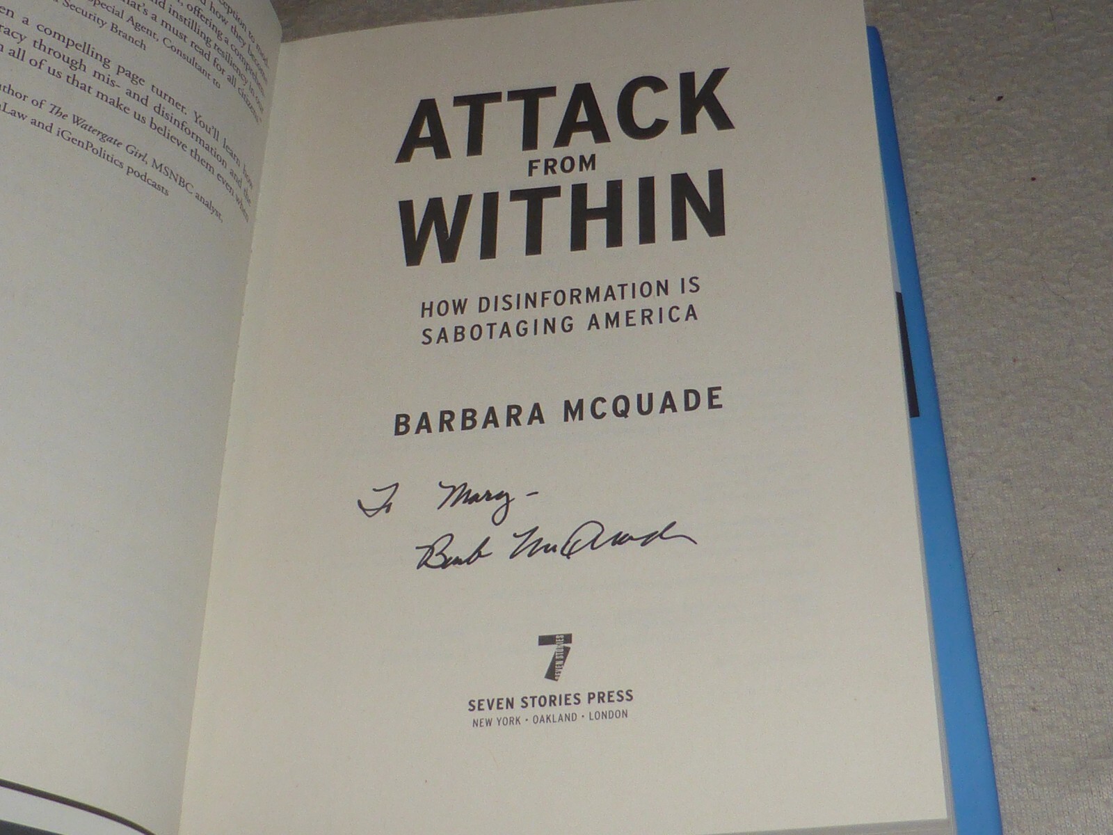 SIGNED BOOK ATTACK FROM WITHIN AUTOGRAPHED BARBARA MCQUADE HARDCOVER