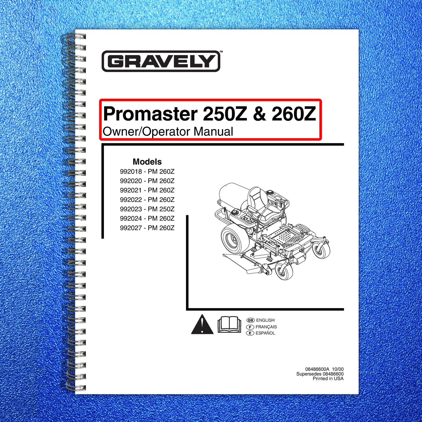 GRAVELY Promaster 250Z 260Z Owner Operator Manual – WIRE BOUND – TOUGH COVERS