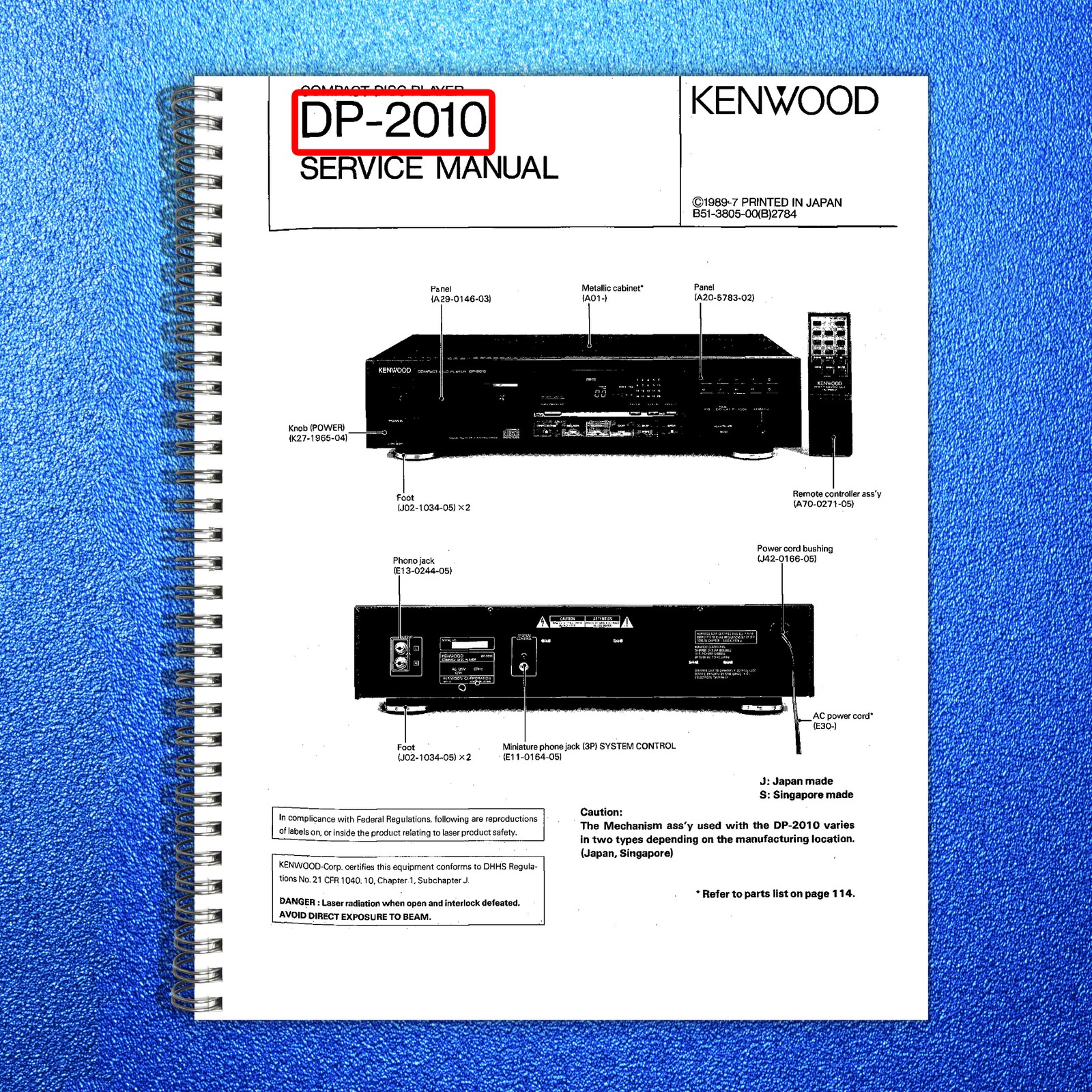 KENWOOD DP-2010 Compact Disc Player Service Manual 1989, BOUND, COVERS, FOLDOUTS