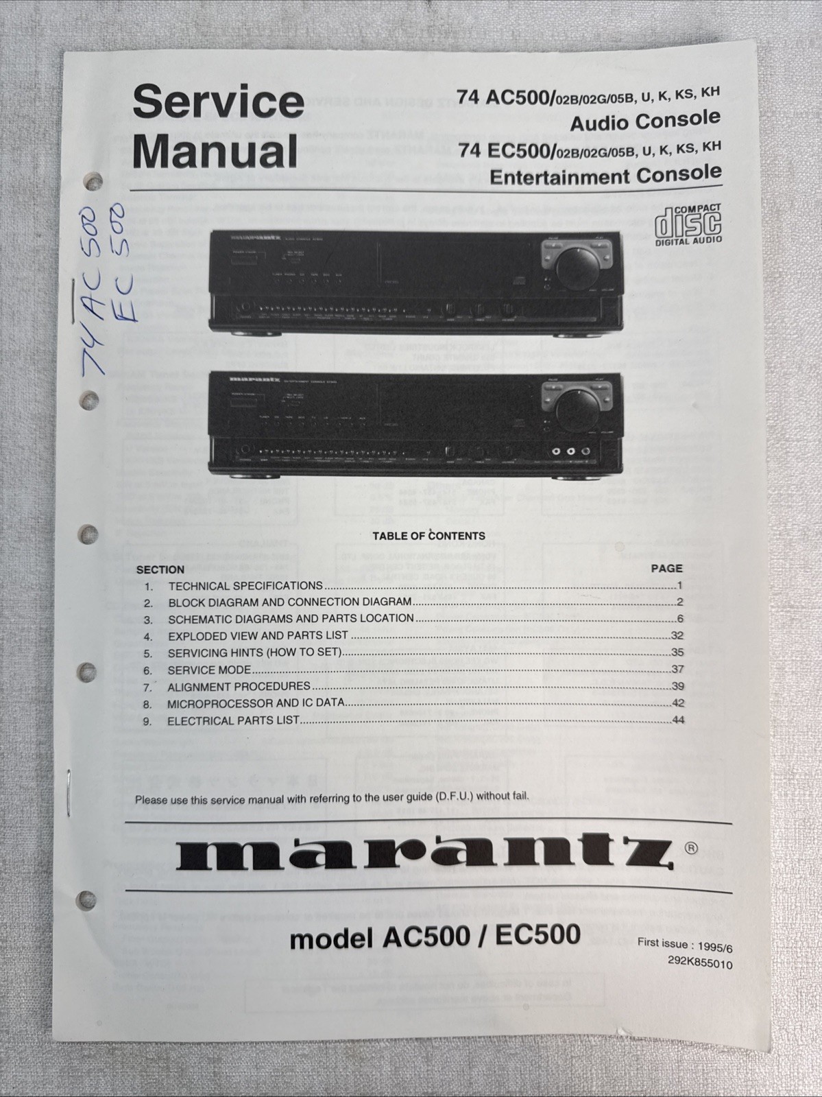 Vintage Marantz Service Manual Model Number AC500 EC500