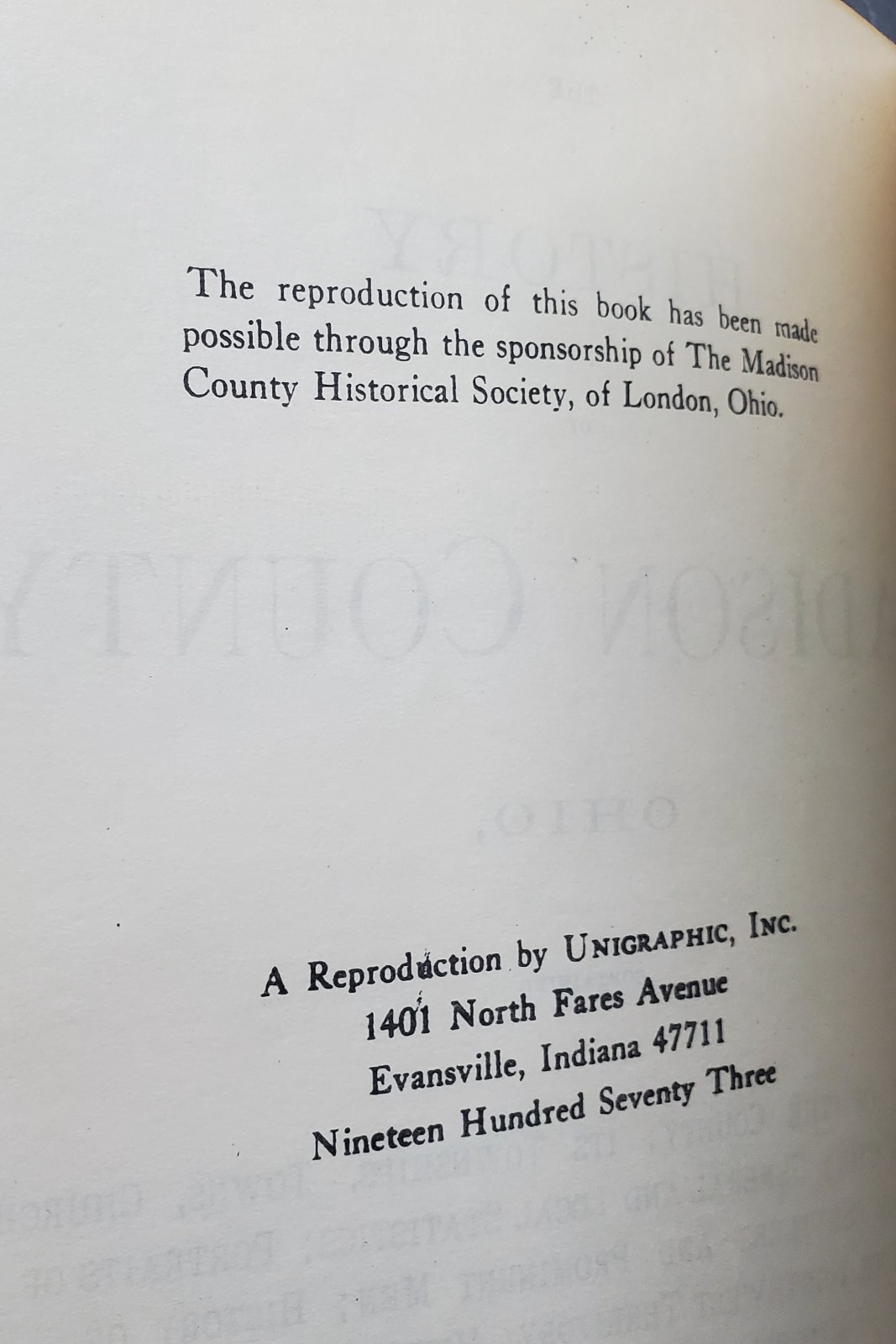 The History of Madison County, Ohio (1974 Unigraphic Reprint of the 1883 Text)