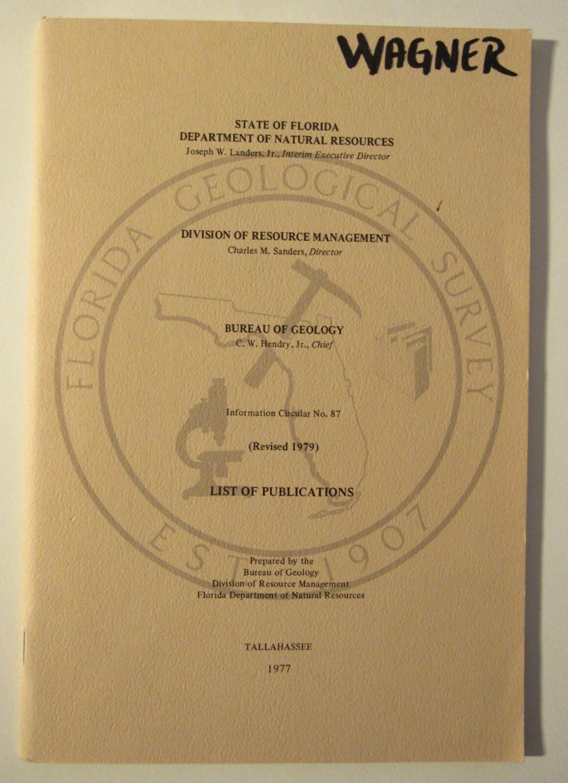 1979 Florida Bureau of Geology LIST OF PUBLICATIONS 46 pages Geological Survey