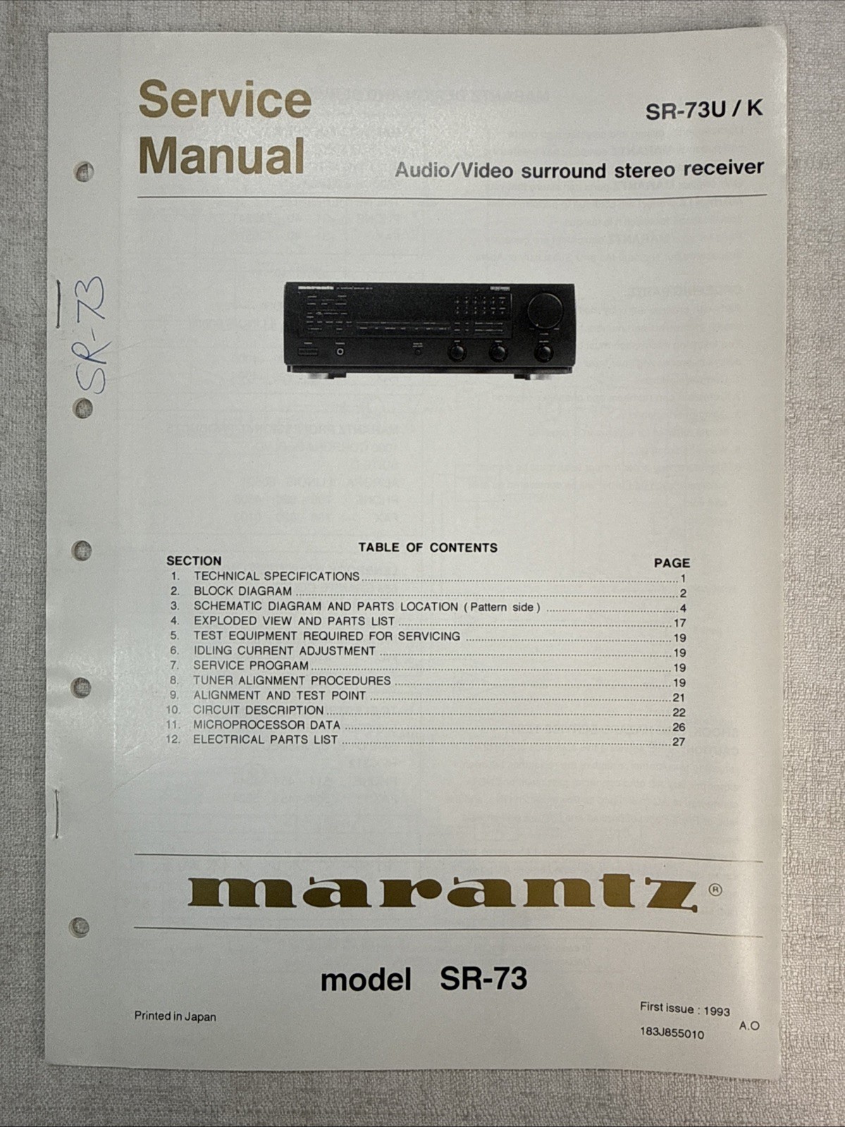 Vintage Marantz Service Manual Model Number SR-73