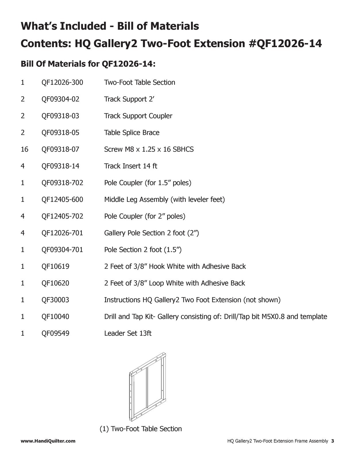 HANDI QUILTER Gallery2 Frame 14ft Ext Kit Assy Instruction Manual – COIL BOUND