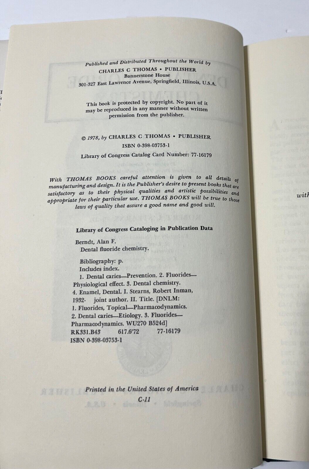 DENTAL FLUORIDE CHEMISTRY Alan F Berndt Robert I Stearns Hardcover 1978