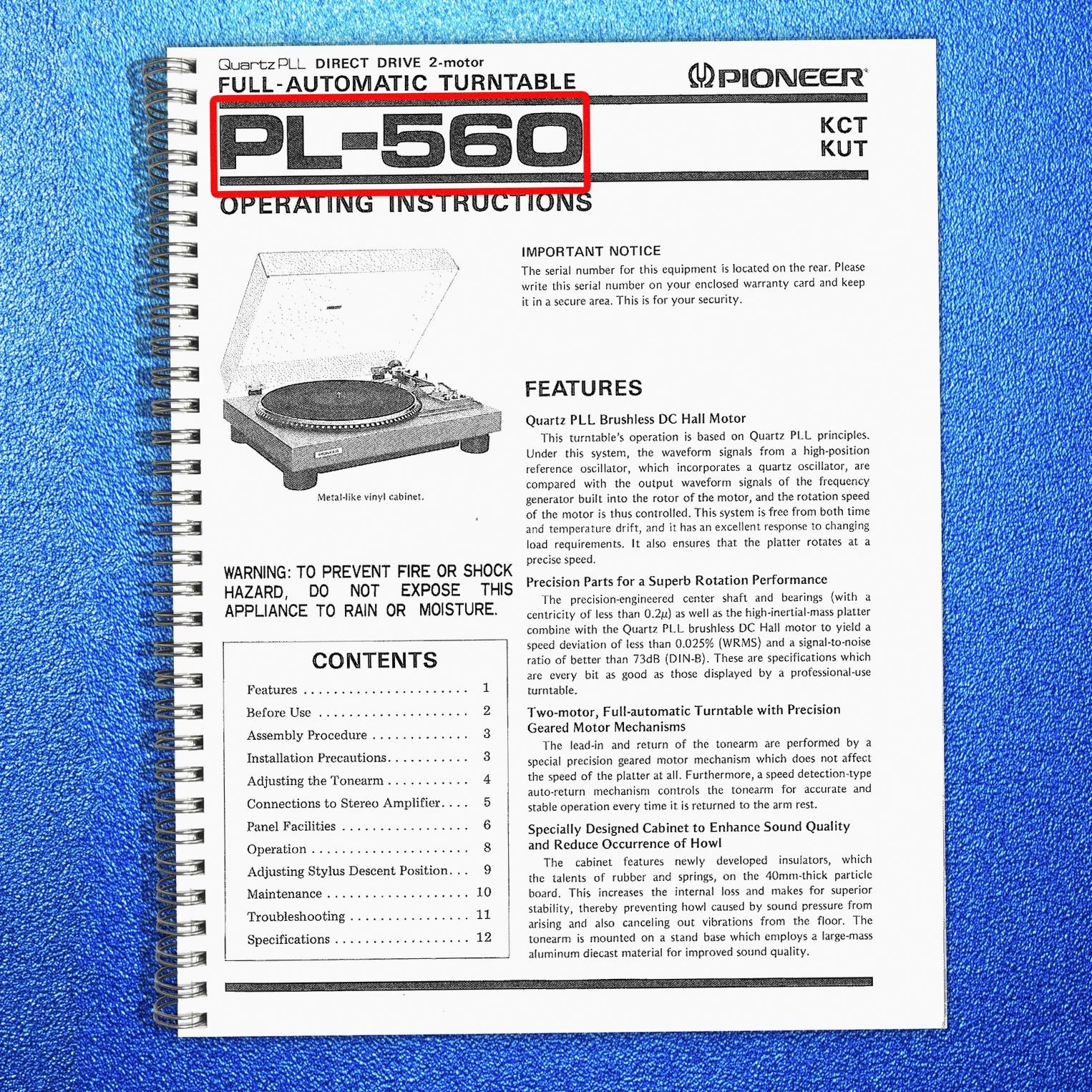 PIONEER PL-560 Turntable User Manual – STEEL WIRE BOUND – STURDY JACKET