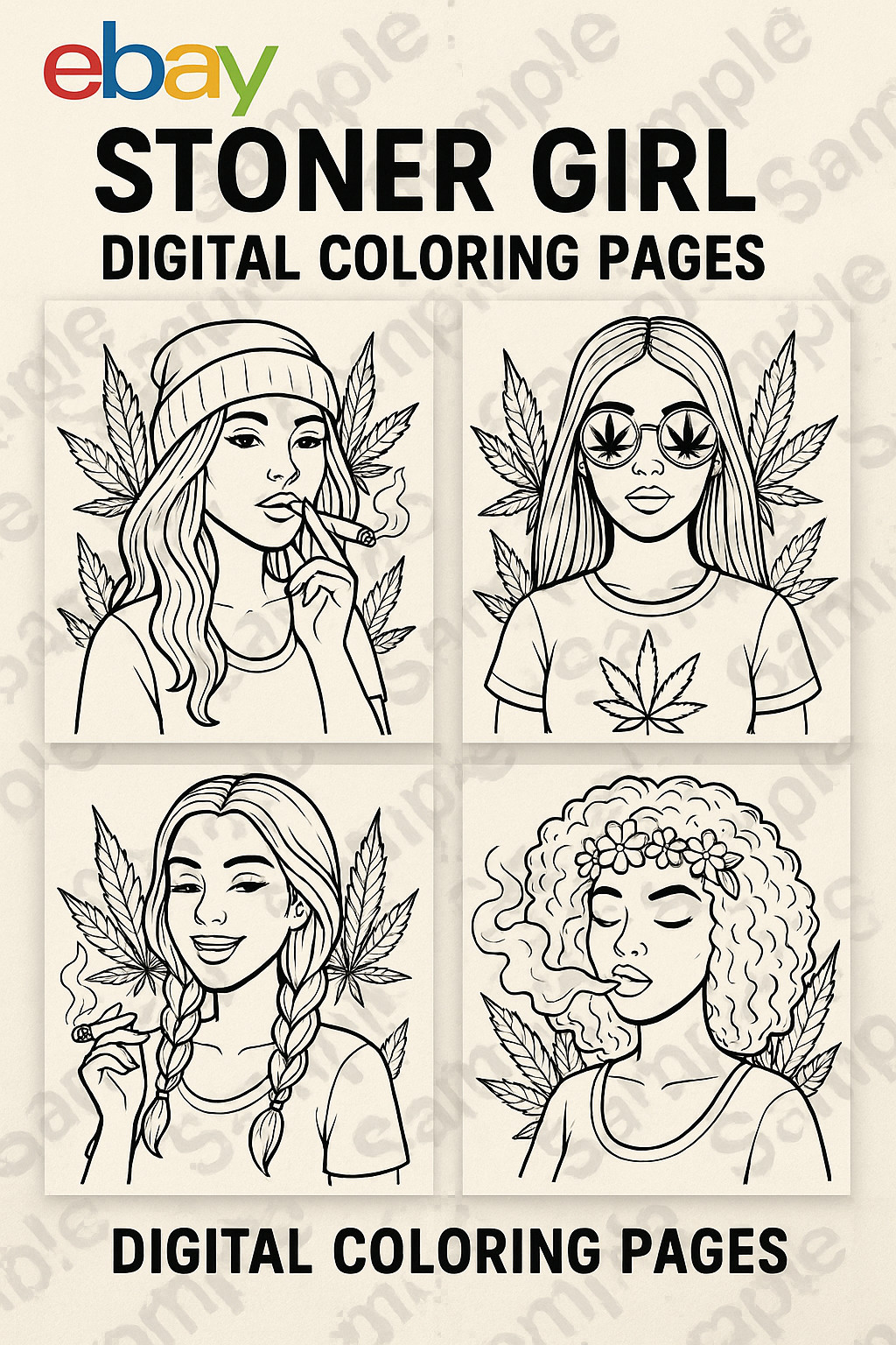 Digital Coloring Pages Stoner Girl Aesthetic Art | Printable Download Only 30 PG