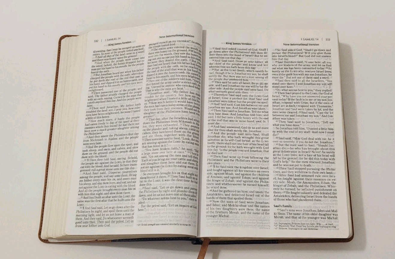 NIV, KJV, Parallel Bible, Large Print, Leathersoft, Navy/Tan.