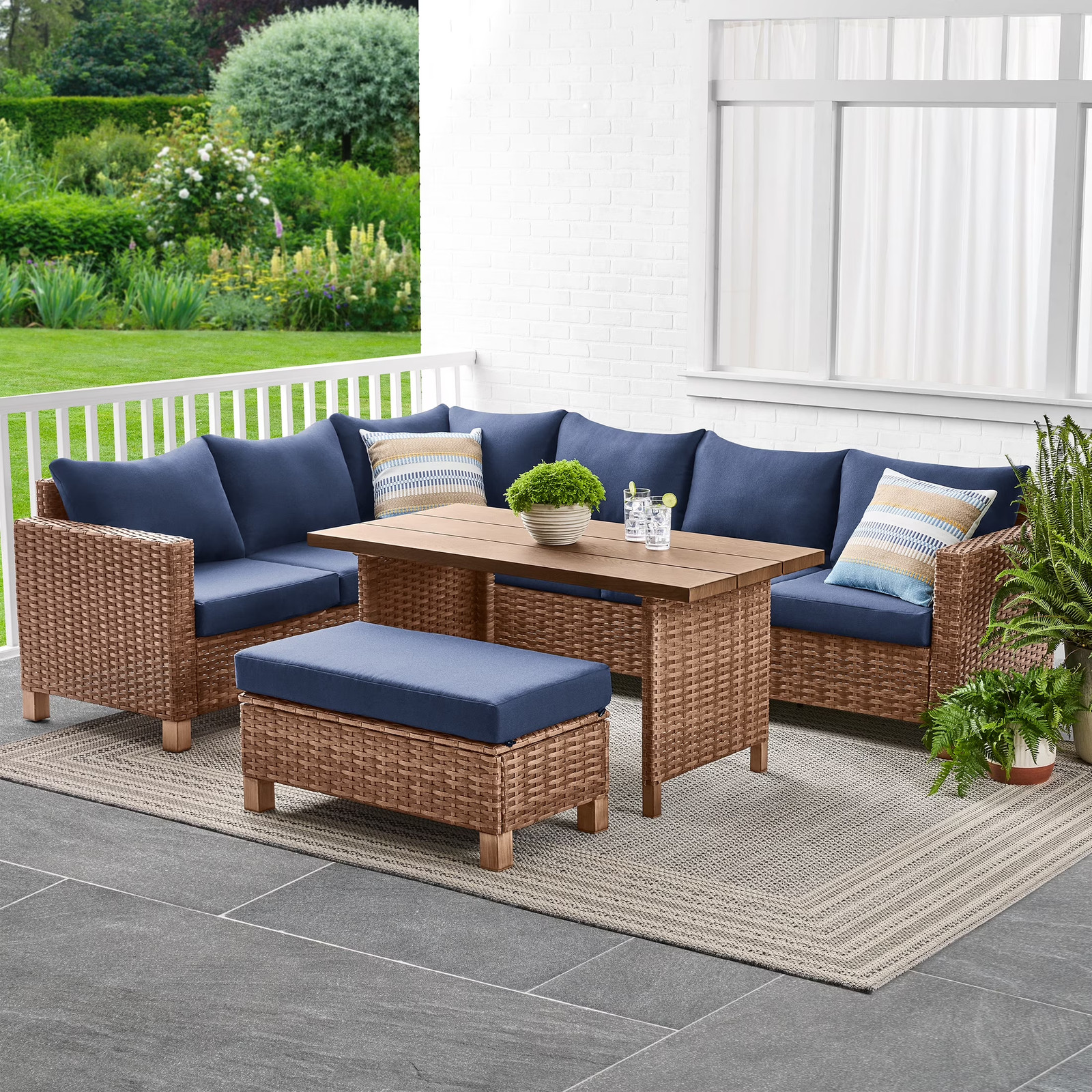 Brookbury 4-Piece Wicker Patio Sectional Dining Set with Navy Cushions