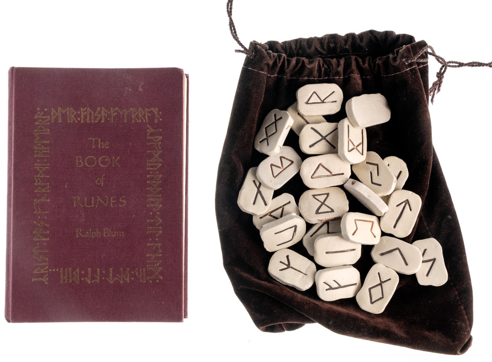 Ralph Blum The Book of Runes 1983 Set 25 Orig Ceramic Viking Stones & Felt Pouch