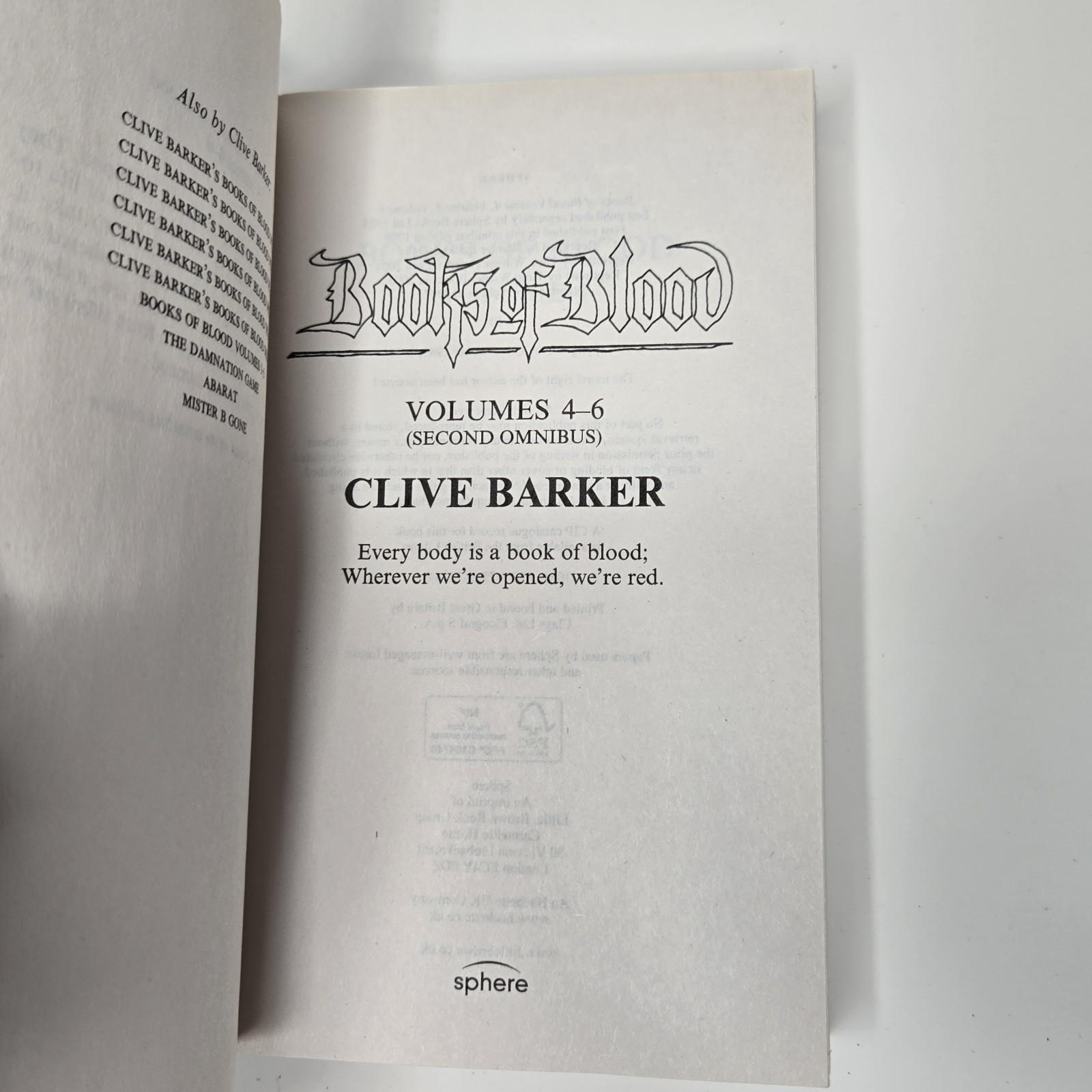 Clive Barker Books Of Blood, Vol 1-3 (Berkley) & 4-6 (Omnibus 2, Sphere 2007) PB