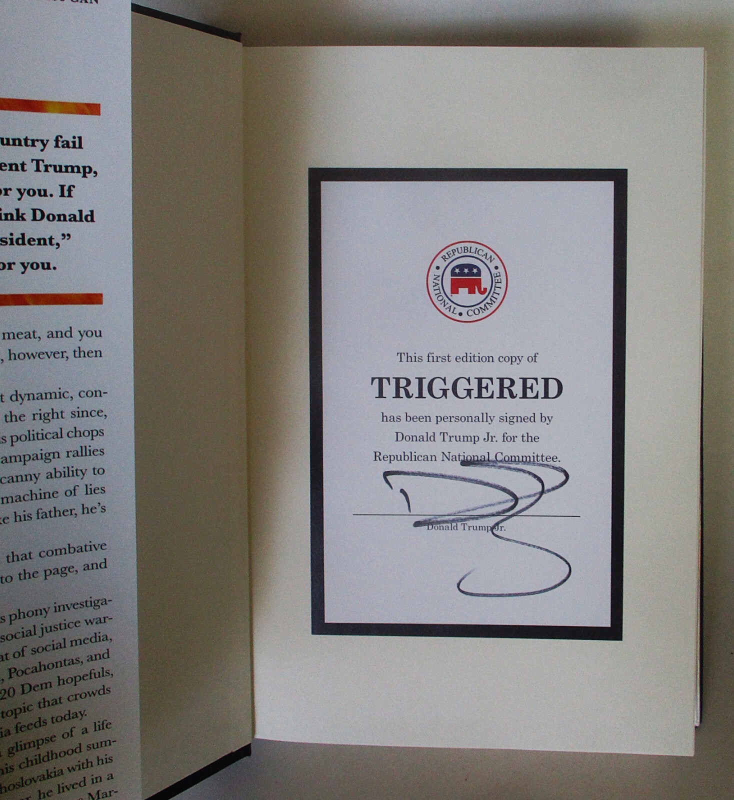 SIGNED 2019 1ST ED. HARDBACK “TRIGGERED” BY DONALD TRUMP JR. – NEW YORK