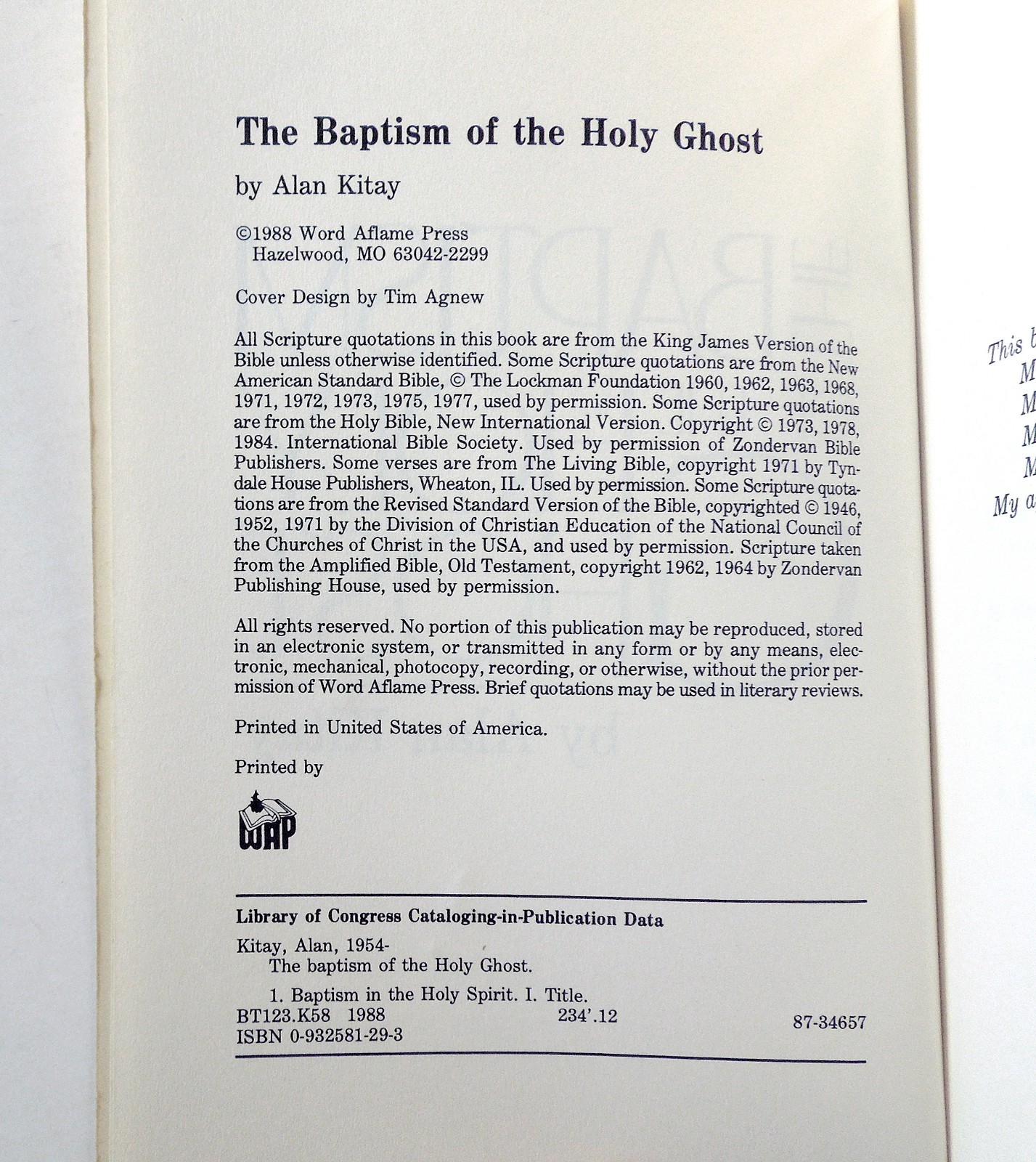 The Baptism of the Holy Ghost – Alan Kitay, 1988 sc, Word Aflame Press