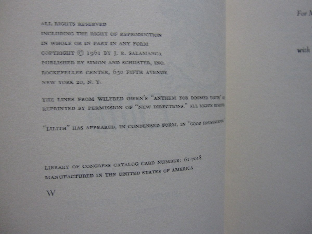 Lilith 1962 [Hardcover] J. R. Salamanca