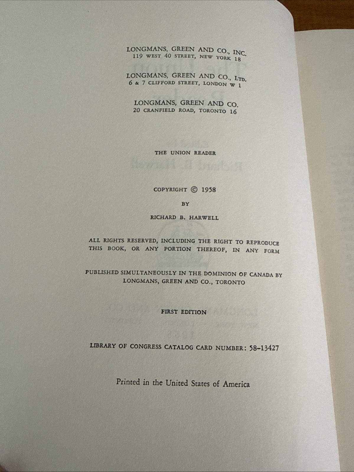 The Union Reader book by Richard B. Harwell 1958 1st Edition US Civil War HCDJ