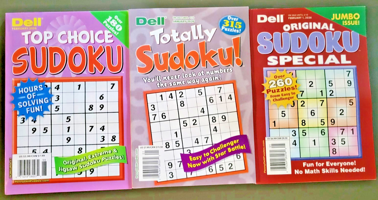 Lot of 3 SUDOKU Puzzle Books by Dell -Top Choice-Totally-Original – 450+ Puzzles