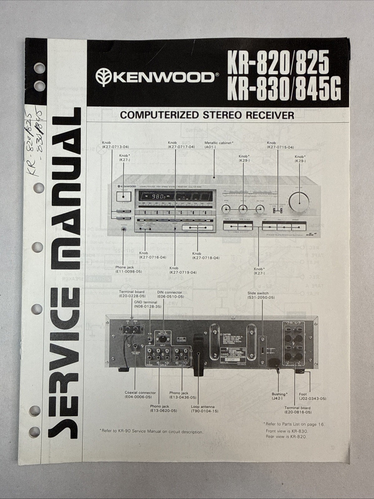 Vintage Kenwood Service Manual Model Number KR-820/825 KR-830/845G