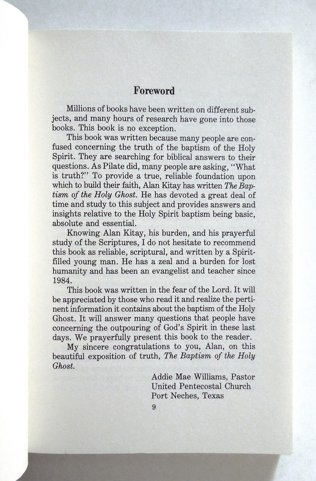 The Baptism of the Holy Ghost – Alan Kitay, 1988 sc, Word Aflame Press