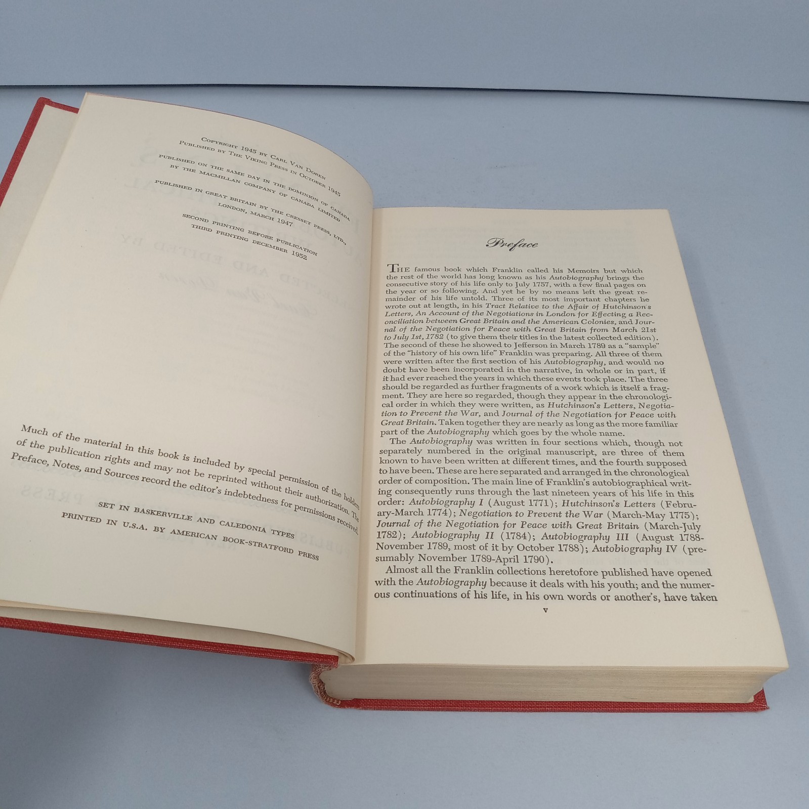 Benjamin Franklins Autobiographical Writings 1952 Viking Press HC Carl Van Doren
