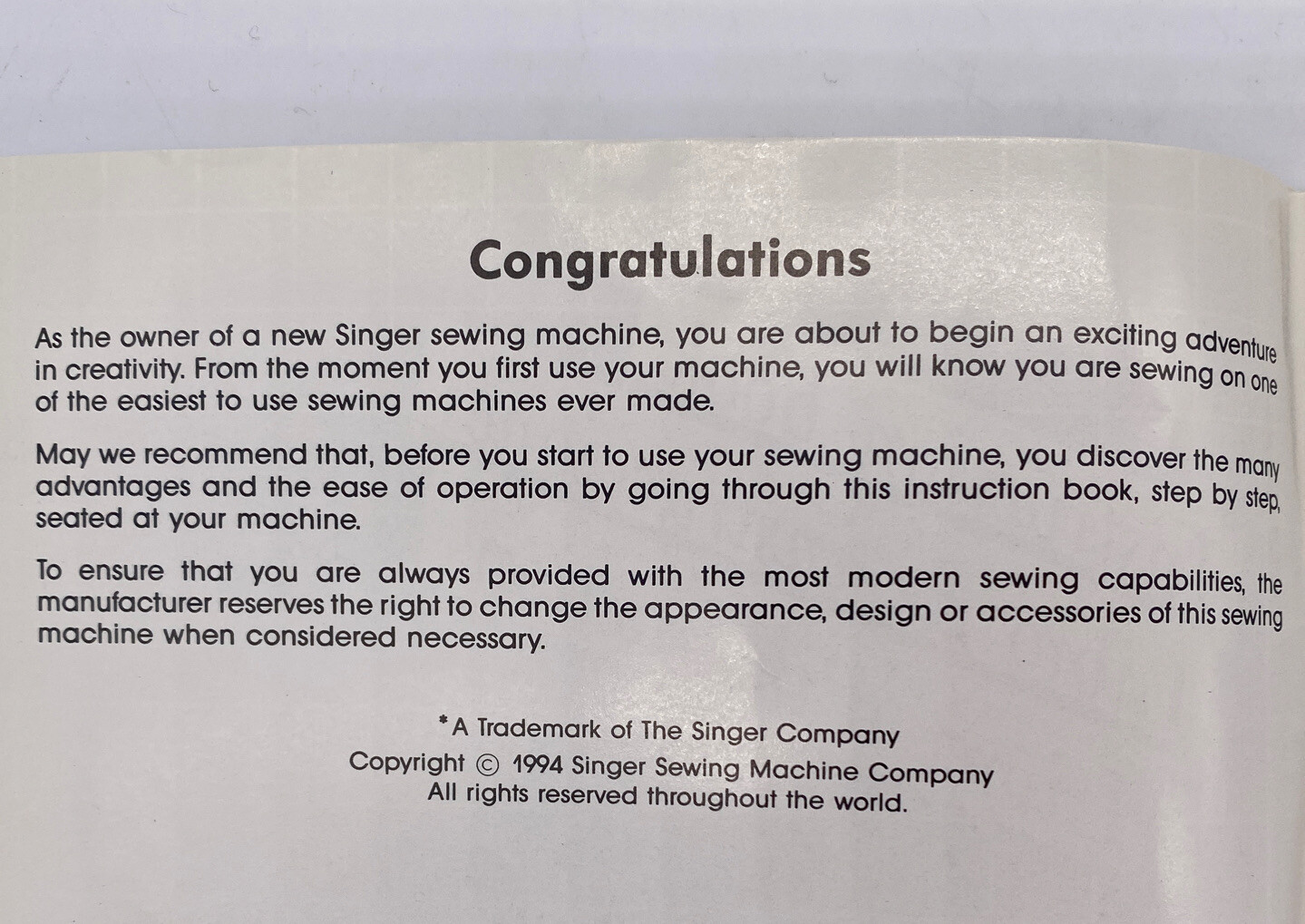 1994 Singer Sewing Machine Instruction Book Owners Manual Paperback