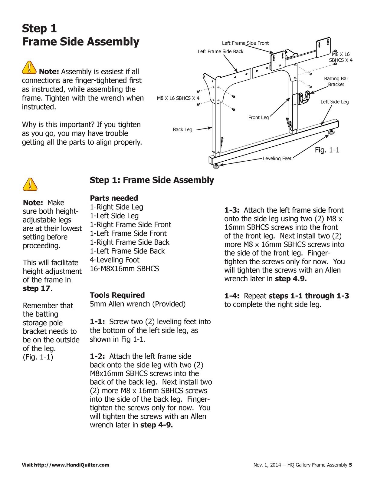 HANDI QUILTER HQ Gallery Frame Assembly Instructions Manual 2014 – WIRE FASTENED