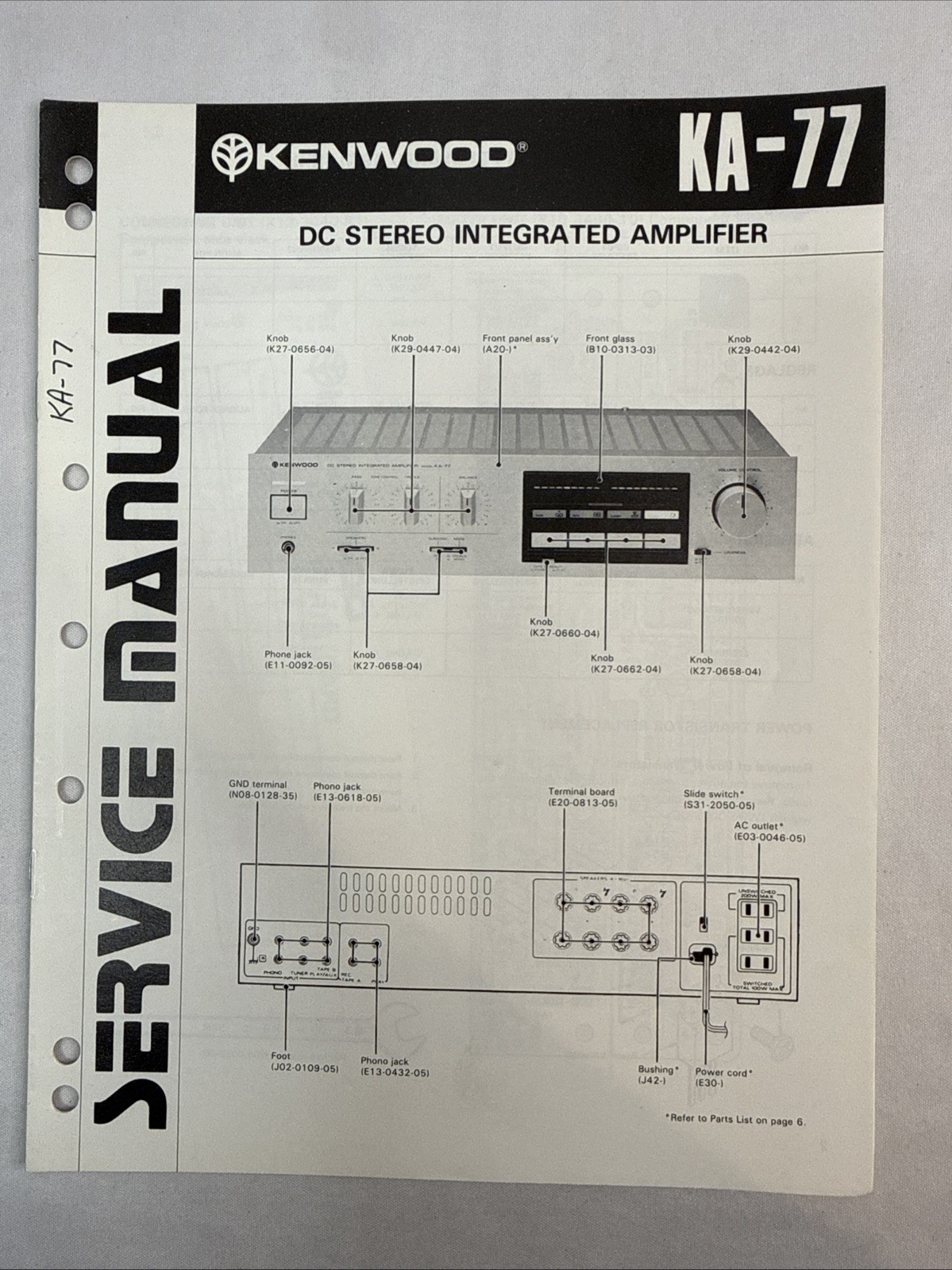 Vintage Kenwood Service Manual Model Number KA-77