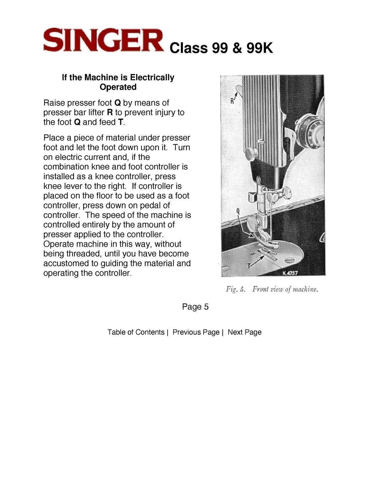 Singer Class 99 and 99K Sewing Machine User Manual Operation Guide