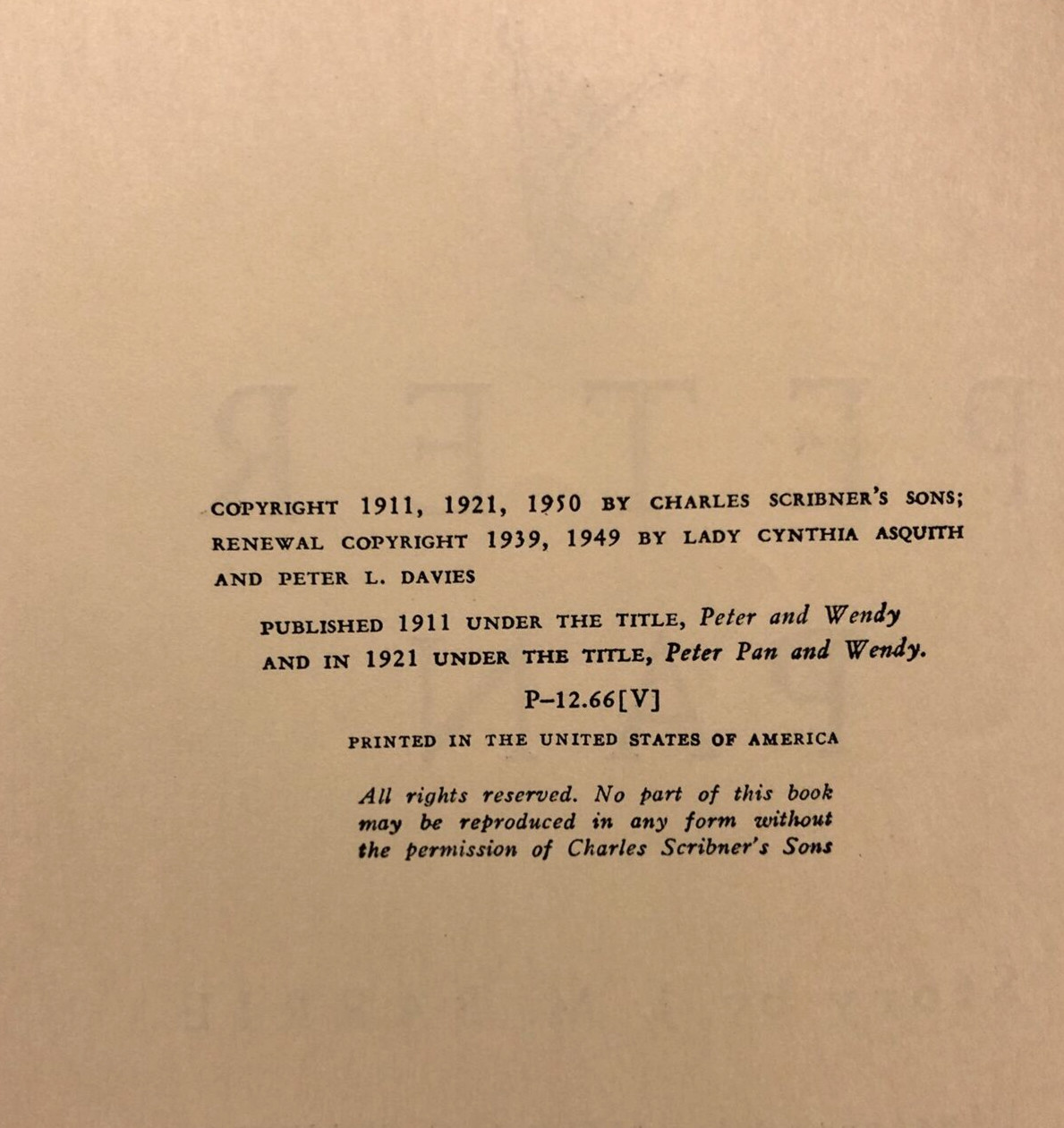 Peter Pan By J.M. Barrie , 1950 Hardcover/Dust Jacket, Charles Scribner’s Sons
