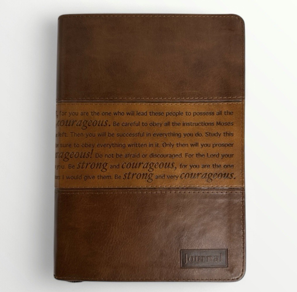 Strong & Courageous Journal Brown Vegan Leather Zip Lined Christian Art Gifts