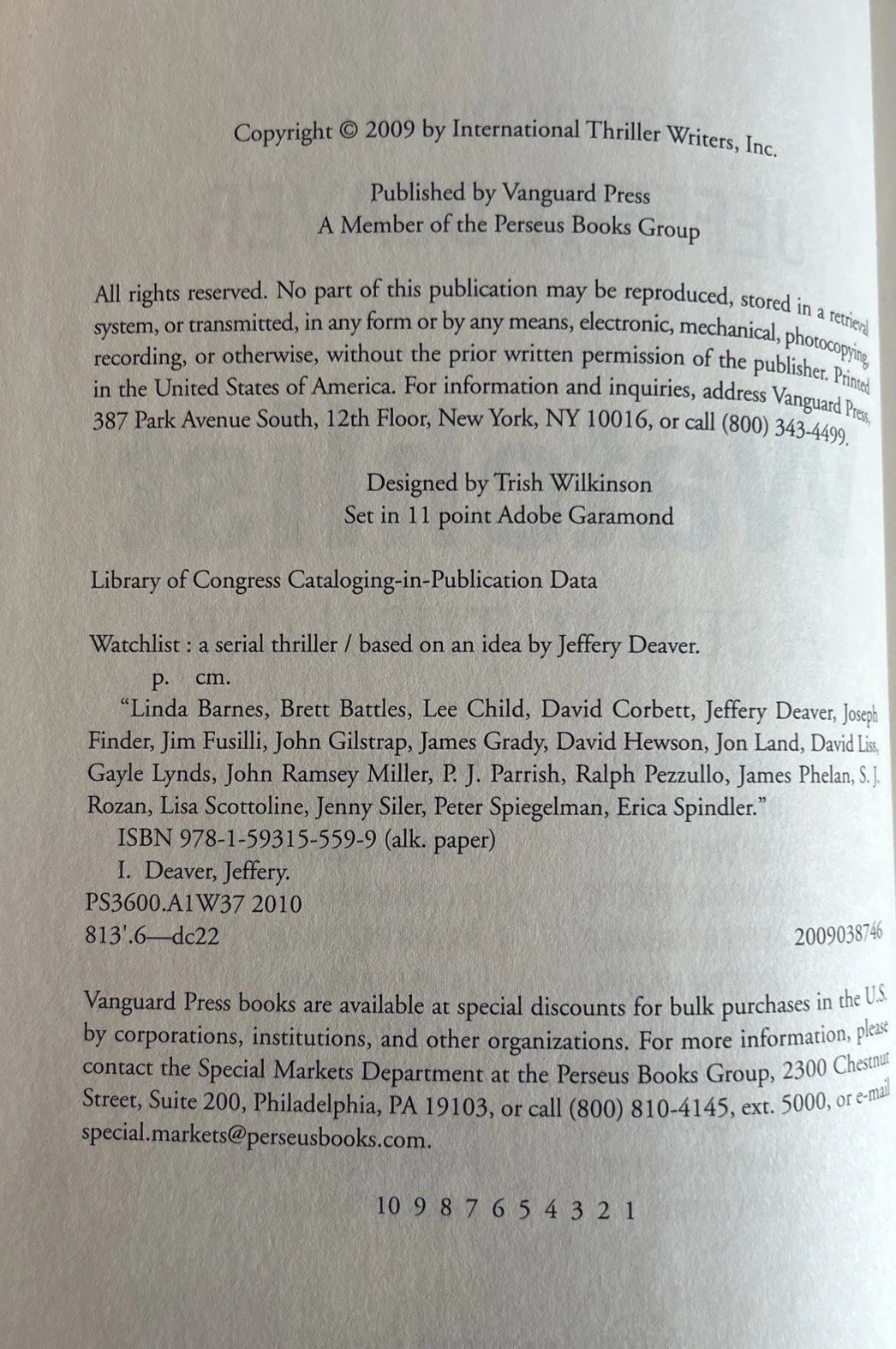 Jeffery Deaver WATCHLIST First Edition 1st Print Multiple Writers of Thrillers